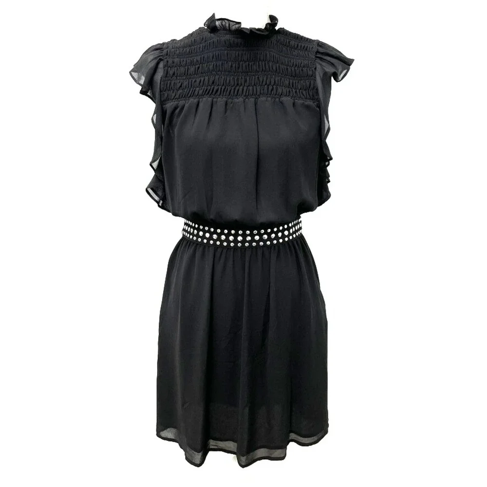 Michael Kors A Line Dress Womens Small Black Flutter Smocked Rocker Edgy Teacher